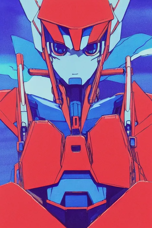 Image similar to risograph grainy painting of gigantic huge evangelion - like gundam mech face, with huge earrings and rings around head with a lot of details, covered with rich jewelry, blue hour, twilight, by moebius and dirk dzimirsky and satisho kon, close - up wide portrait