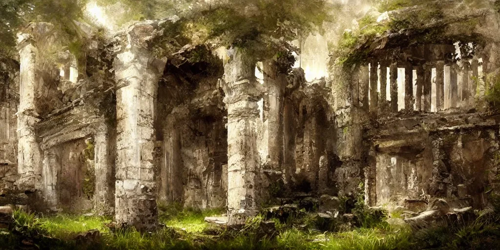 Prompt: painting of white elven ruins hidden in the wilderness, mysterious, fantasy