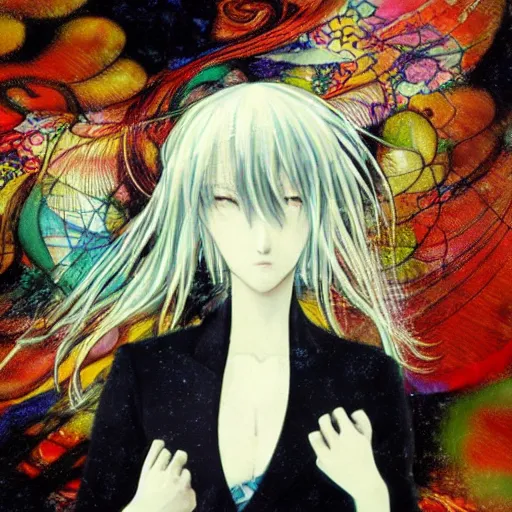 Image similar to yoshitaka amano blurred and dreamy realistic illustration of an anime girl with black eyes, wavy white hair fluttering in the wind wearing dress suit with tie, junji ito abstract patterns in the background, satoshi kon anime, noisy film grain effect, highly detailed, renaissance oil painting, weird portrait angle, blurred lost edges, three quarter view