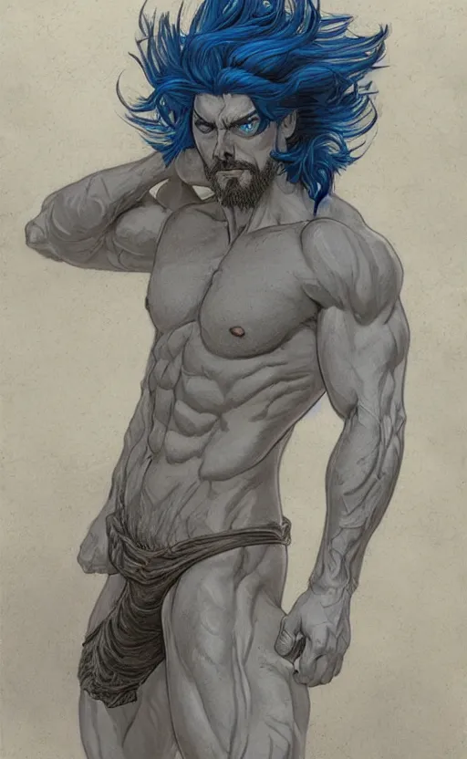 Image similar to rick sanchez, norse god, blue hair, masculine, mature, handsome, upper body, grey and silver, muscular, hairy torso, fantasy, intricate, muscular, elegant, highly detailed, digital painting, artstation, concept art, smooth, sharp focus, illustration, art by gaston bussiere and alphonse mucha