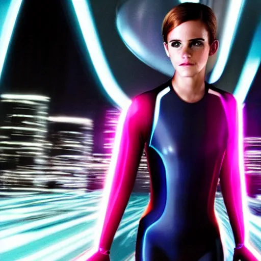 Prompt: photo of emma watson in tron : legacy ( 2 0 1 0 ), full body shot, sharp focus, award - winning