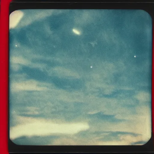 Image similar to vintage polaroid of an alien landscape, detailed clouds, planets visible in the sky, warm azure tones, red color bleed, film grain