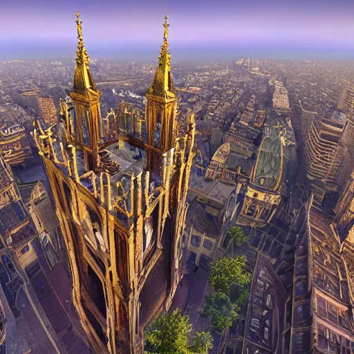 Prompt: bird\'s-eye view panorama of a gothic, monumental, medieval city during festive celebrations with very tall, soaring watchtowers made of melting gold, golden hour, elegant and extremely ornamental, game by Hidetaka Miyazaki, HDR, raytracing, intricately detailed, octane render, gloomy earthy colors, photorealistic masterpiece