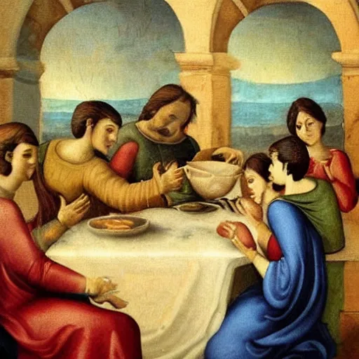 Prompt: the last dinner, fresco painting