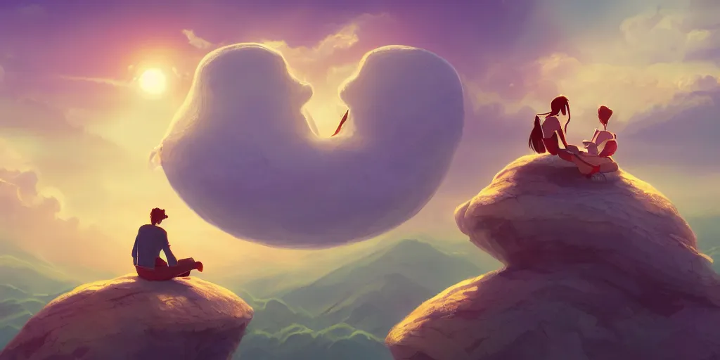 Prompt: conceptual art of a beautiful couple sitting on a cloud, mattepainting concept Blizzard pixar maya engine on stylized background global illumination lighting artstation in the style of The Road to El Dorado