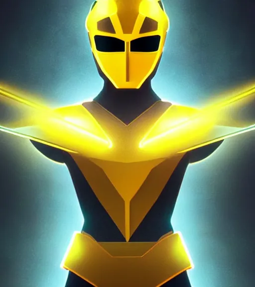 Prompt: symmetry!! yellow ranger, thunderbolt shaped viser!! solid cube of light, hard edges, product render retro - futuristic poster scifi, lasers and neon circuits, yellow ranger, intricate, elegant, highly detailed, digital painting, artstation, concept art, smooth, sharp focus, illustration, dreamlike, art by artgerm