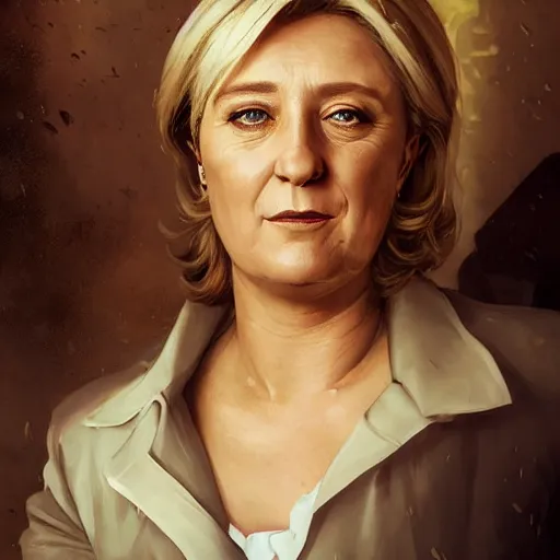 Prompt: Portrait of Marine le Pen , french revolution, amazing splashscreen artwork, splash art, head slightly tilted, natural light, elegant, intricate, fantasy, atmospheric lighting, cinematic, matte painting, detailed face, by Greg rutkowski