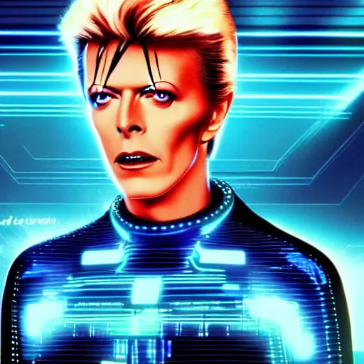 Prompt: david bowie in the world of tron ( 1 9 8 3 ), cyberpunk, high octane, hyperrealistic, synthwave, 8 k, trending on artstation