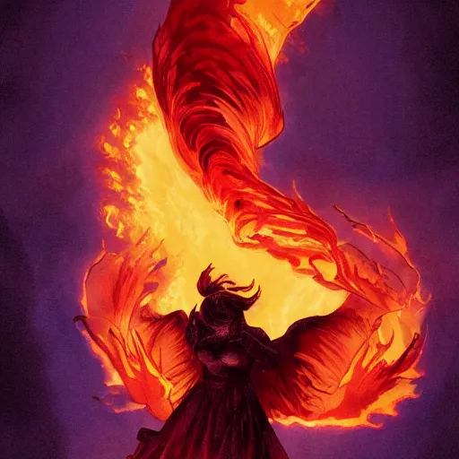 Image similar to a gargoyle in silhouette wearing a flowing gown made of fire, engulfed in a whirling fire tornado firestorm, emitting smoke and sparks, fantasy, cinematic, fine details by realistic shaded lighting poster by ilya kuvshinov katsuhiro otomo, magali villeneuve, artgerm, jeremy lipkin and michael garmash and rob rey