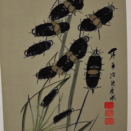Prompt: a chinese painting of insect and plant by qi baishi