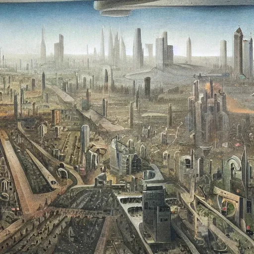 Image similar to a futuristic city painted by bosch.