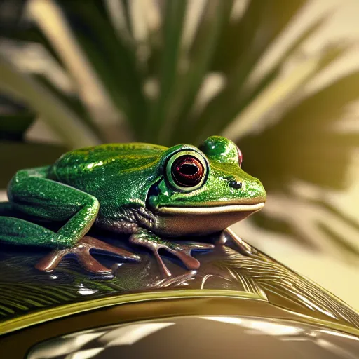 Image similar to a close up photo of a frog driving a mercedes in marrakech, palm trees, close up, octane render, unreal engine, hyperdetailed