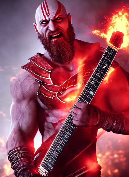 Image similar to red facial stripe armored screaming kratos rocking hard on a flaming stratocaster guitar, cinematic render, god of war 2 0 1 8, playstation studios official media, lightning, flames, clear, coherent, guitar, guitar, guitar