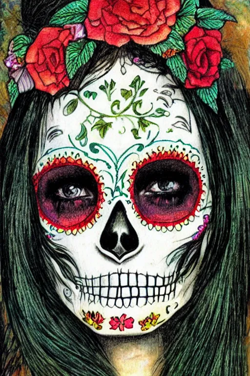 Prompt: illustration of a sugar skull day of the dead girl, art by carlos shwabe