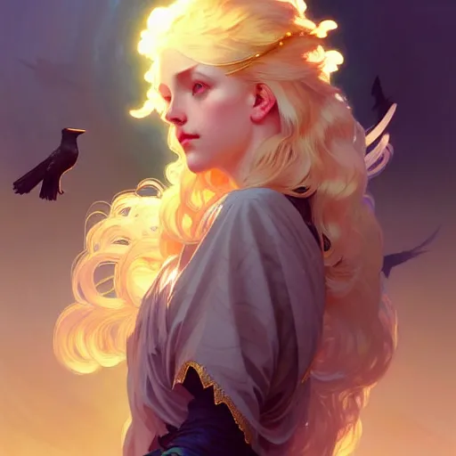 Image similar to An angelic girl with blonde hair and glowing halo surrounded by crows, fantasy, intricate, elegant, highly detailed, digital painting, artstation, concept art, smooth, sharp focus, illustration, art by Krenz Cushart and Artem Demura and alphonse mucha