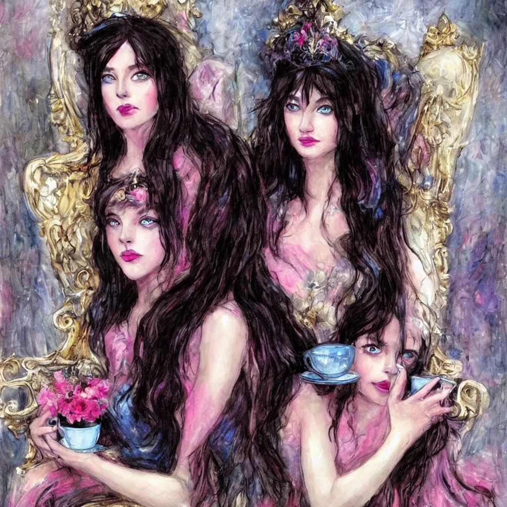 Image similar to beautiful young dark haired girl, with blue eyes, pink lips, dark eye shadow, lois royo style, dark princess of coffee, sitting on a throne drinking coffee.