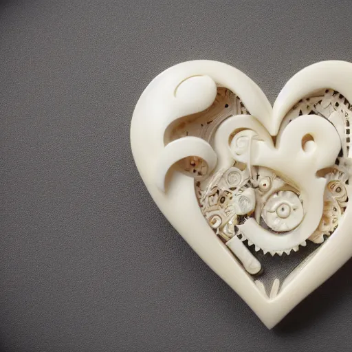 Image similar to bio mechanical heart carved out of ivory, canon 5 d 5 0 mm lens