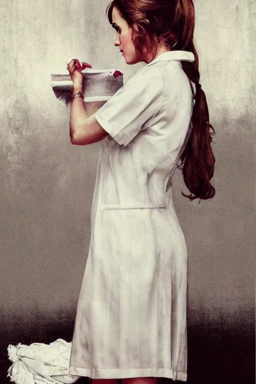 Prompt: photo photorealistic portrait photograph Emma Watson as a nurse, full length photo portrait by Norman Rockwell