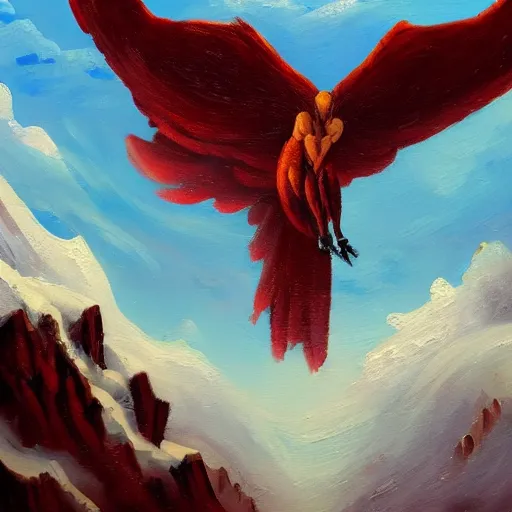 Prompt: A Phoenix Flying Above A Snowy Mountain, In The Style Of An oil Painting, trending on artstation