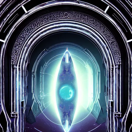 Image similar to majestic portal to another dimension, holly light and image of different time space, ethereal, sci fi, high detail, intricate, giger!, beautiful materials and reflections, photo realistic, 8 k