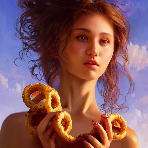 Prompt: a giant onion ring tower, with shirtless girl starting it, mouth agape. The girl is covered in ketchup. portrait, elegant, intricate, digital painting, artstation, concept art, smooth, sharp focus, illustration, art by artgerm and greg rutkowski and alphonse mucha