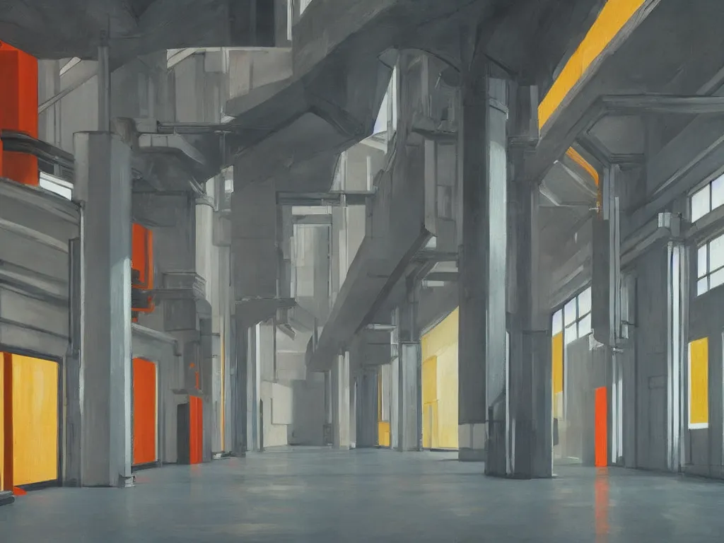 Image similar to colorful minimalist industrial interior hallway with monolithic pillars in the style of ridley scott and stanley kubrick, impossible stijl architecture, science fiction, lone silhouette in the distance, ultra wide angle view, realistic detailed painting by edward hopper
