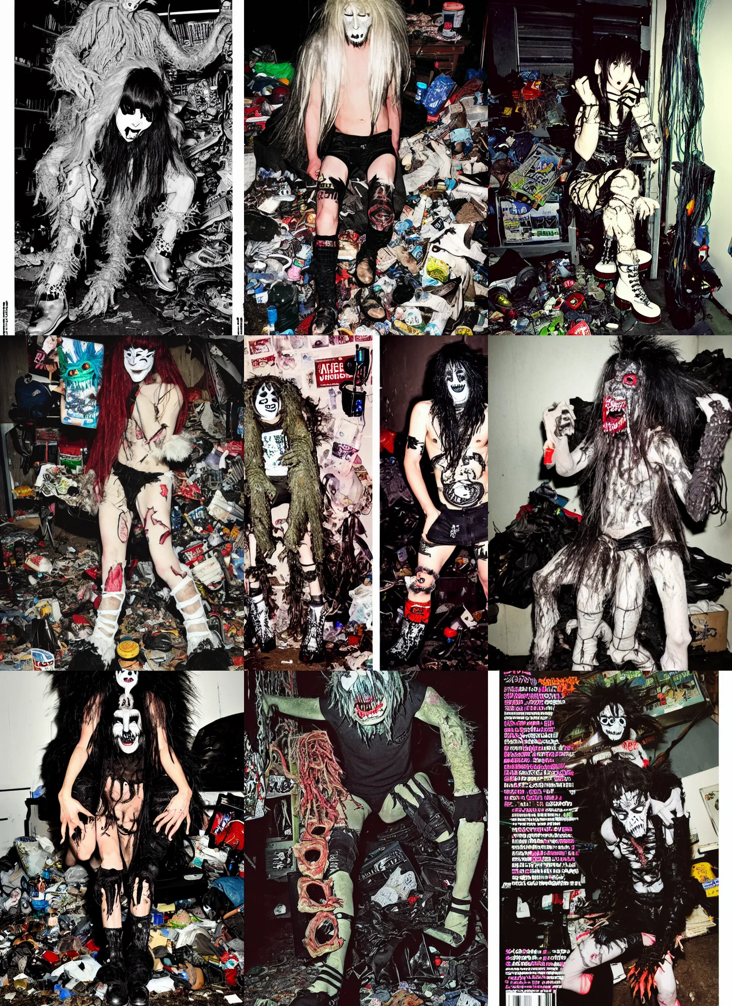 Image similar to photo of lace monster goblin wearing ripped up dirty Swear kiss monster teeth yeti platform boots in the style of Ryan Trecartin in the style of 1990's FRUiTS magazine 20471120 in japan in a dirty dark dark dark poorly lit bedroom full of trash and garbage server racks and cables everywhere in the style of Juergen Teller in the style of Shoichi Aoki, japanese street fashion, KEROUAC magazine, Walter Van Beirendonck W&LT 1990's, Vivienne Westwood, y2K aesthetic