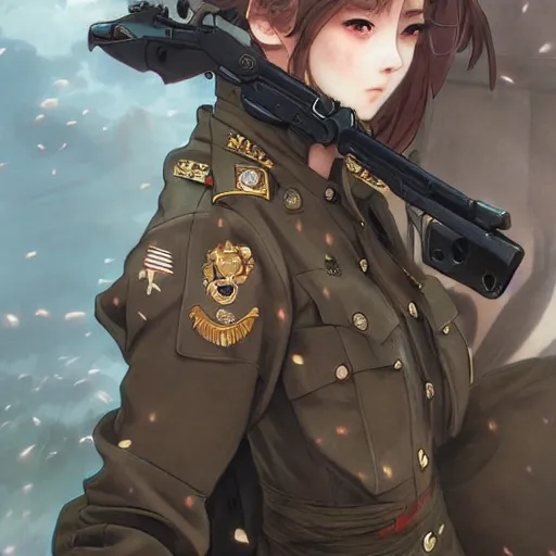 Prompt: adult girl. military uniform, anime style, hyper detailed, illustration, digital painting, art by artgerm and greg rutkowski and alphonse mucha, high delicate defined details, anime stylized, highly detailed, realistic, sharp focus