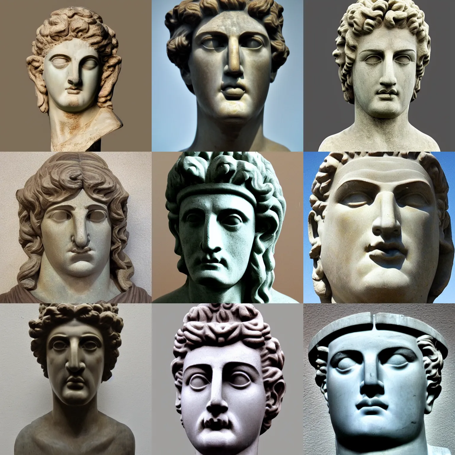 Prompt: long face greek statue style small lips pronounced chin