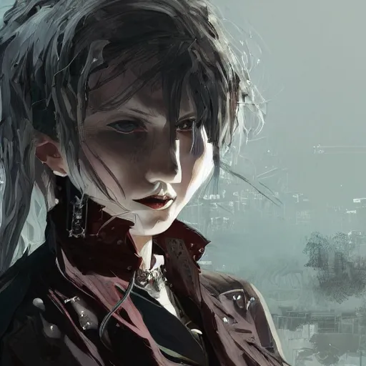 Prompt: highly detailed portrait of a punk young vampire hunter lady with wavy blonde hair, by Dustin Nguyen, Akihiko Yoshida, Greg Tocchini, Greg Rutkowski, Cliff Chiang, 4k resolution, nier:automata inspired, dishonored inspired, vibrant but dreary red, brown, white and black color scheme!!! ((Medieval graffiti Church background))