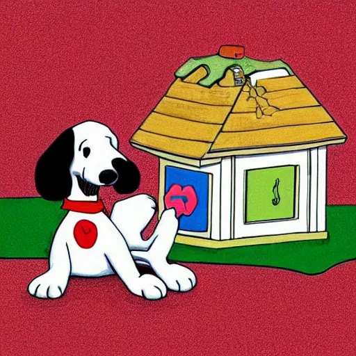 Prompt: snoop dog lying on top of snoopy's dog house, high detail