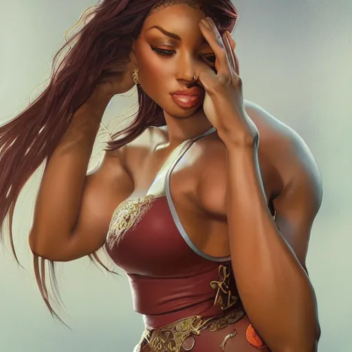 Prompt: full figure ultra realistic illustration, megan thee stallion, intricate, elegant, highly detailed, digital painting, artstation, concept art, smooth, sharp focus, illustration, art by artgerm and greg rutkowski and alphonse mucha