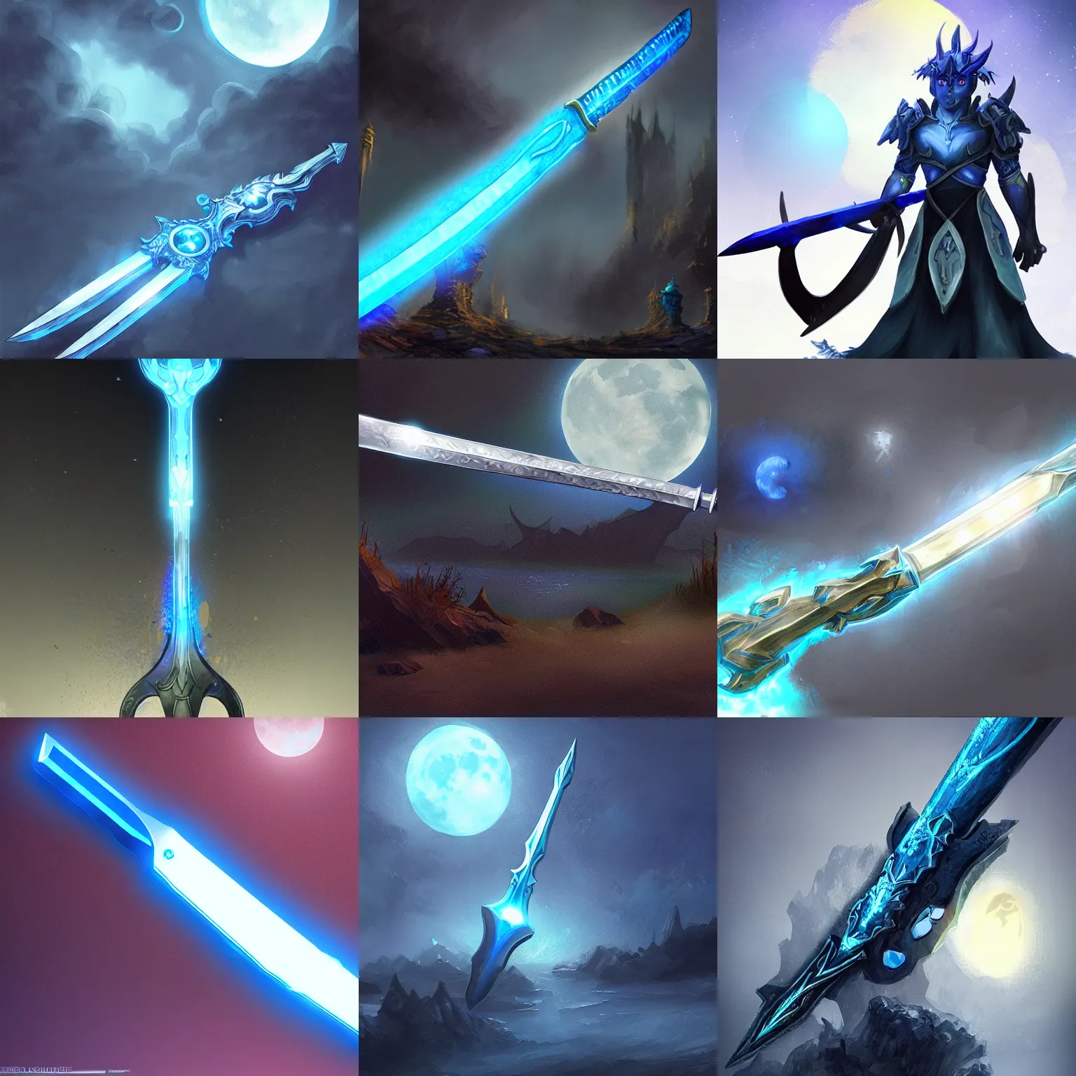 Prompt: The Glowing Moonlight Greatsword, blue glow, weapon concept art, trending on artstation, digital art, fantasy