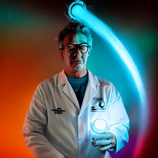 Image similar to portrait of rick sanchez, lab coat and tee shirt, lens flare, atmosphere, glow, detailed, intricate, full of colour, cinematic lighting, 4 k, hyperrealistic, focused, extreme details, cinematic, masterpiece