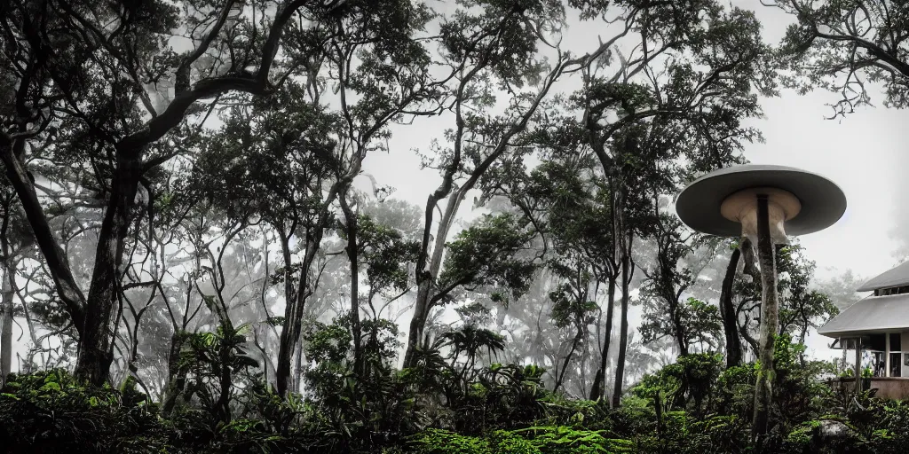 Image similar to atomic mushroom cloud over a Hawaiian villa in the middle of an tropical forest, ominous Sky, gloomy atmosphere, cinematic, mist, High definition, 8k, ultra detailed