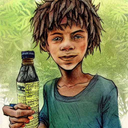 Prompt: award winning julia donaldson and rebecca guay style illustration drawing of a friendly south african boy and is little brother who holds a hazardous bottle, in a sunny african urban township environment in the 1 9 9 0's.