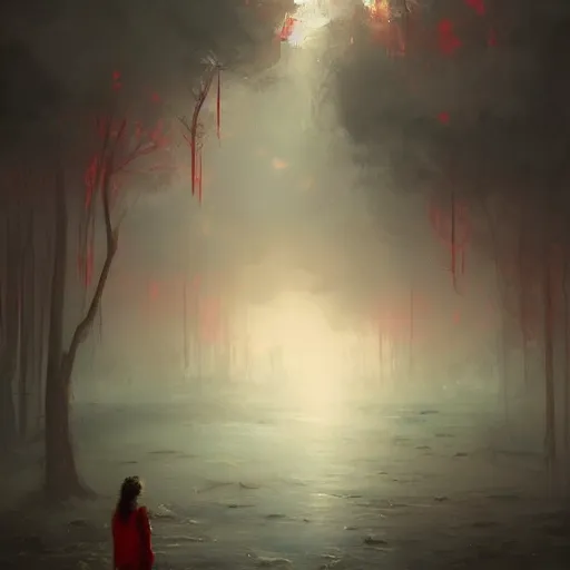 Prompt: a painting about chronic pain, Trending on artstation, by greg rutkowski and bob ross, red color scheme.