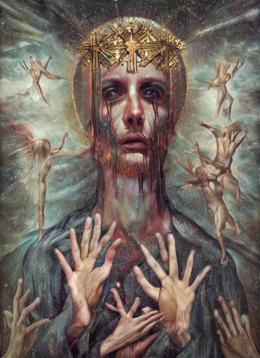 Image similar to transcendental adoration of the magi, stigmata, occult symbolism epic surrealism 8k oil painting, portrait, perspective, high definition, post modernist layering, by Sean yoro