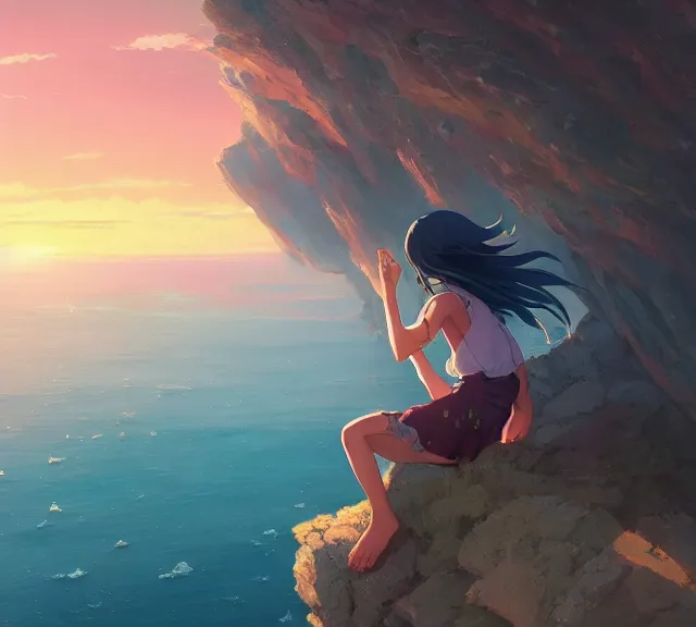 Image similar to a girl sitting on a cliff overlooking the sea. Atmospheric lighting, sunset, blue sea. By Makoto Shinkai, Stanley Artgerm Lau, WLOP, Rossdraws, James Jean, Andrei Riabovitchev, Marc Simonetti, krenz cushart, Sakimichan, trending on ArtStation, digital art.