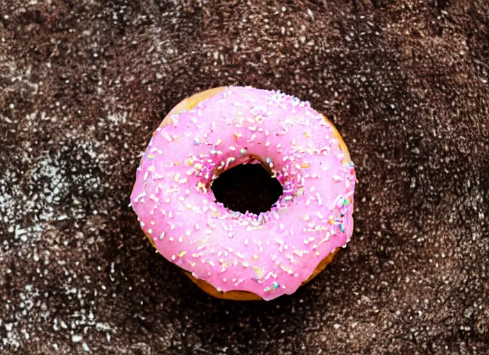 Image similar to a pink sprinkled donut on top of a mountain, photography, high definition, rule of thirds