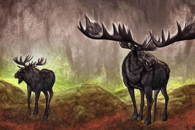 Prompt: a massive moose guards the sacred cavern deep in the forest, digital art