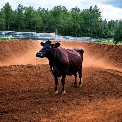 Prompt: a cow standing in a motocross track