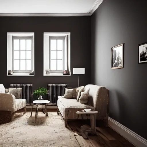 Prompt: the living room of an old lived in house, dark walls with framed art, old furniture, small windows, light shining through, highly detailed, photorealistic, dust