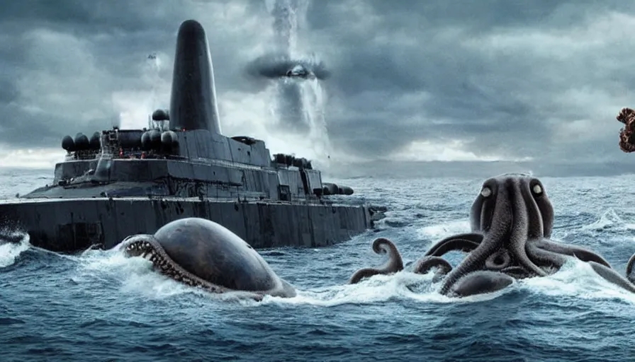 Image similar to James Cameron movie about an octopus attacking a nuclear submarine