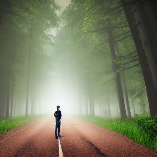 Image similar to super ultra realistic image man standing on an nostalgic street the background is a huge forest the road is between a forest it is raining and also fog