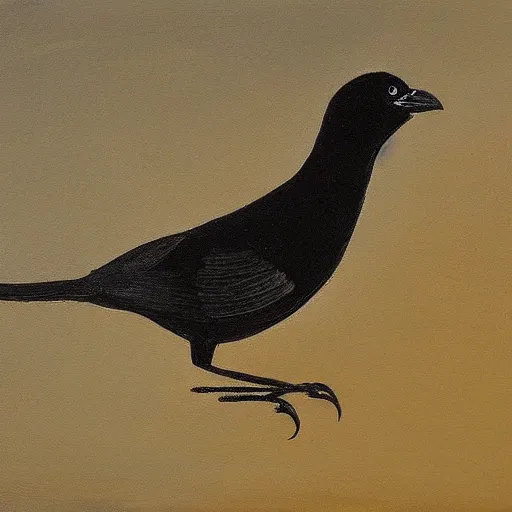 Image similar to a jackdaw with a hat jolts its neck as it takes flight in the night sky, a painting of nature in winter