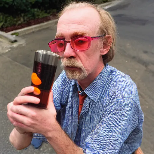 Image similar to hugh hopper on a street corner eating an orange and sipping diet pepsi