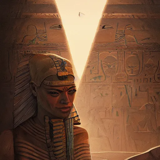 Prompt: the mummy, egypt, pyramid, treasure, greenery, brush strokes, heavy paint, portrait, rim light, fresh colors, gradients, highly detailed, digital illustration, concept art, smooth, sharp focus, pleasing aesthetics, josan gonzalez, simon stalenhag, ralph mcquarrie