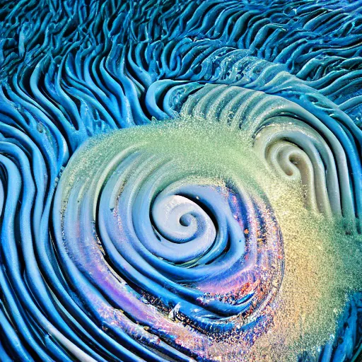 Prompt: spiral fused foam, water wave ocean, photography, photorealistic,