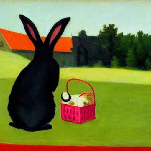 Image similar to black cat having a picnic with a bunny, the bunny has pink fur, highly detailed, painted by Edward Hopper